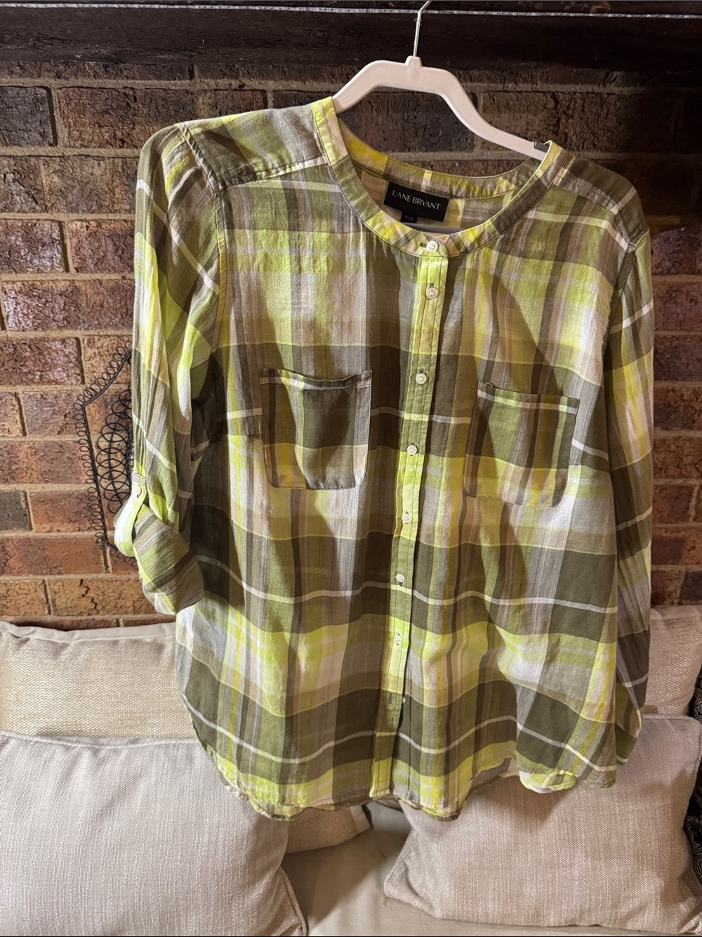 Lane Bryant Lime Yellow and Olive Green Plaid Button-Down Shirt